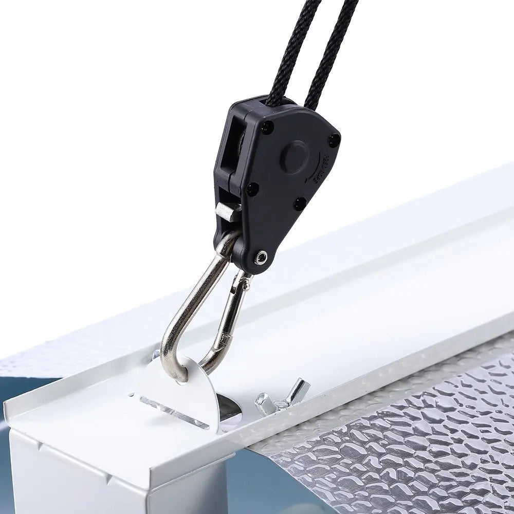A black heavy-duty adjustable rope clip hanger with a metal hook is shown attached to a white plastic bracket.