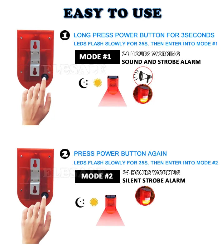 Instructions for using a solar-powered motion sensor alarm with two modes, showing how to press the power button.