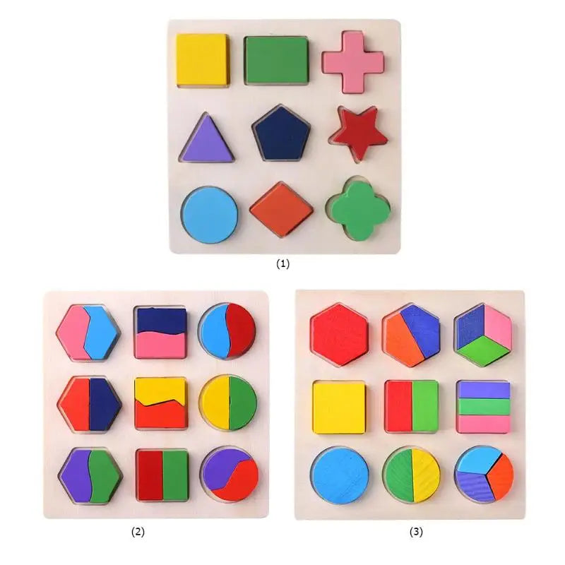 Three sets of wooden geometric shapes including squares, triangles, stars, circles, and hexagons for sorting puzzles.