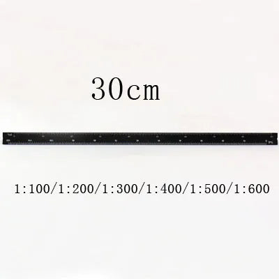A black aluminum triangular scale ruler marked with measurements up to 30 cm.