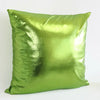 A square decorative pillowcase with a metallic, shiny lime green finish.