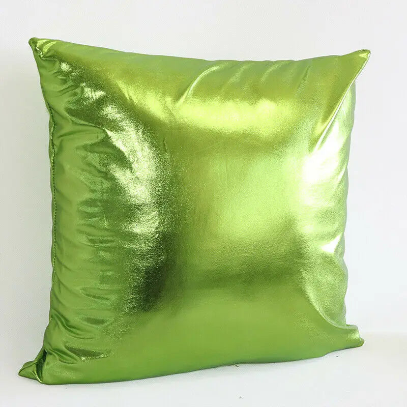 A square decorative pillowcase with a metallic, shiny lime green finish.