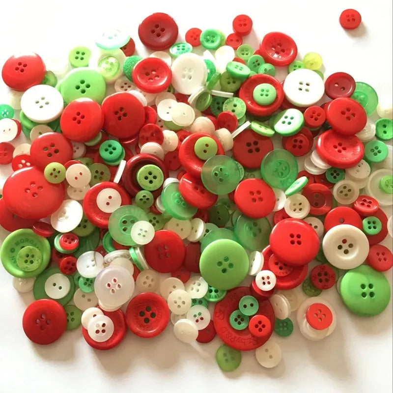 A close-up view of an assortment of small, round wooden buttons in various colors including red, green, white, and pink.