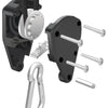A heavy-duty adjustable rope clip hanger with a metal clasp and several silver metal pins.