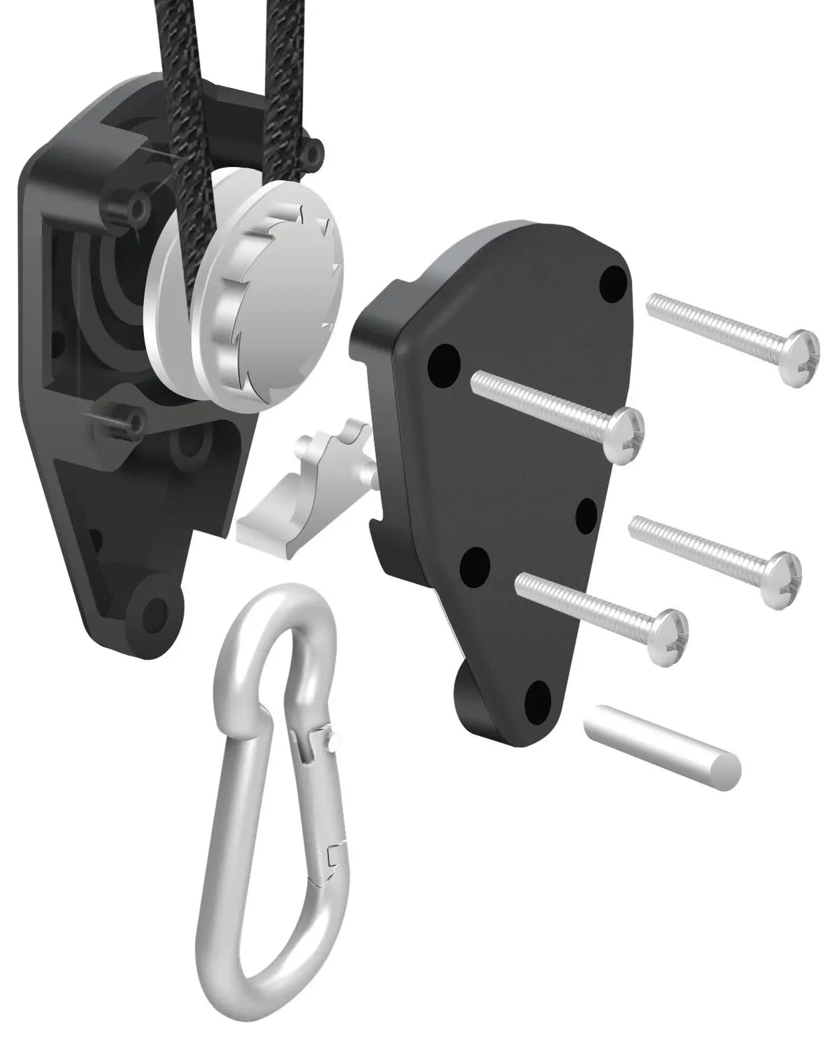 A heavy-duty adjustable rope clip hanger with a metal clasp and several silver metal pins.