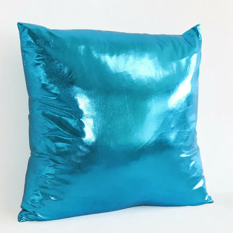 A square teal metallic shine decorative pillowcase with a glossy finish.