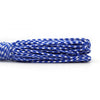 A coil of blue and white patterned 2mm multi-color paracord rope.