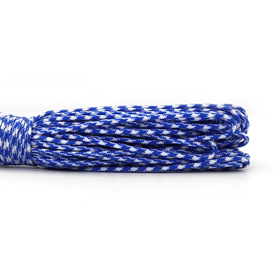 A coil of blue and white patterned 2mm multi-color paracord rope.