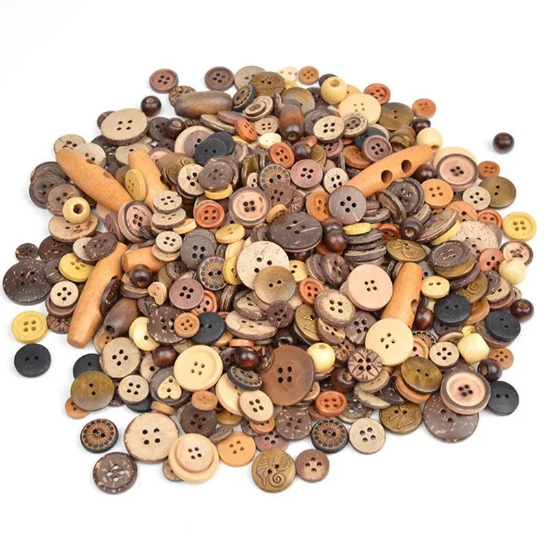 A pile of assorted eco-friendly wooden buttons in various natural and dark earth tones for sewing and crafts.