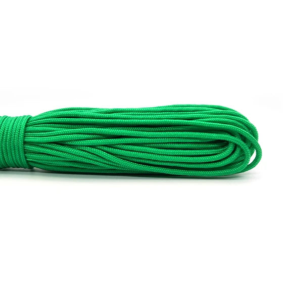 A coil of bright green 2mm multi-color paracord rope.