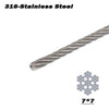 A close-up view of a 316 stainless steel cable with a 7x7 cross-section, used for railing systems.