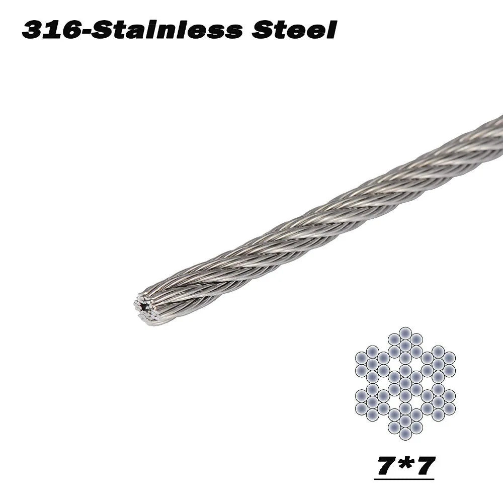 A close-up view of a 316 stainless steel cable with a 7x7 cross-section, used for railing systems.