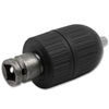 Black self-locking keyless drill chuck adaptor with a metal shaft and serrated grip.