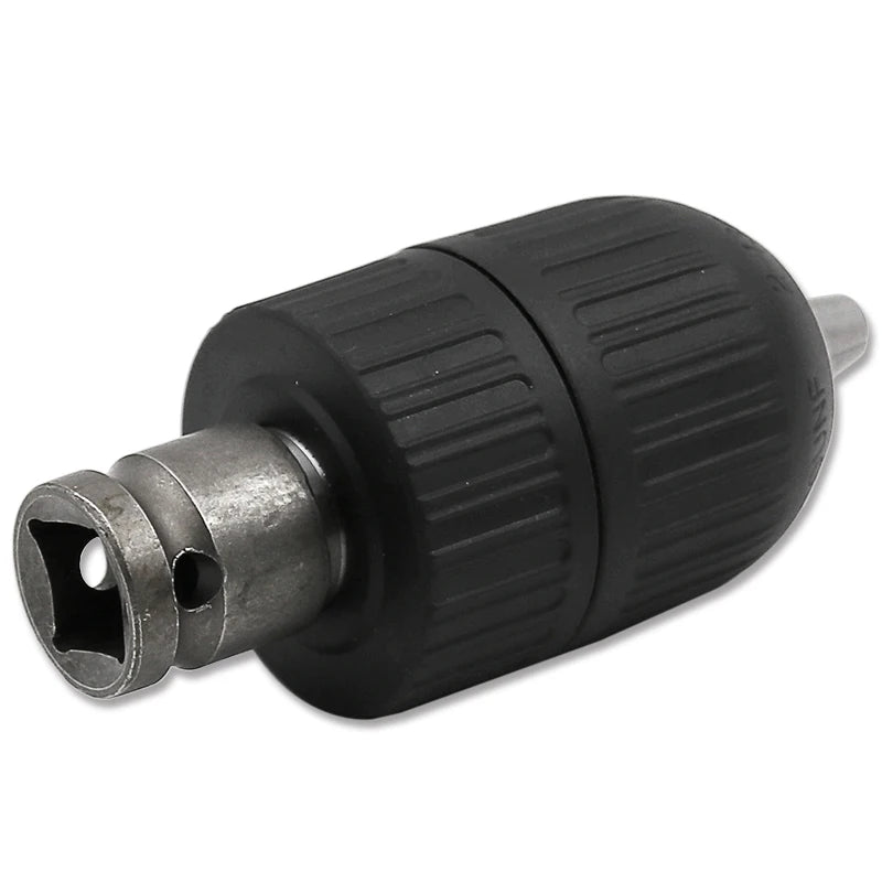 Black self-locking keyless drill chuck adaptor with a metal shaft and serrated grip.