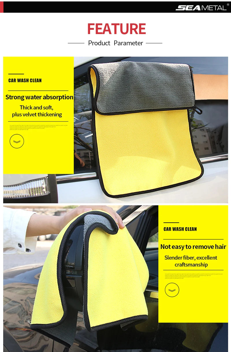 A yellow microfiber car wash towel is shown being used on a car interior, highlighting its thick and soft texture.