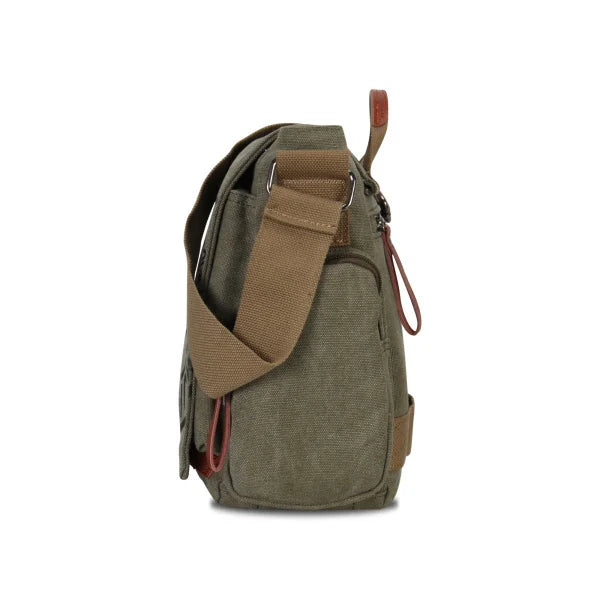 A vintage canvas messenger bag in olive green with brown leather accents and multiple pockets.