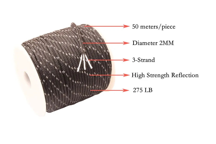 Spool of 3-strand, 2MM diameter, 50 meter high strength reflective paracord with 275 LB breaking strength.