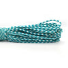 A coil of 2mm multi-color paracord with a teal and white checkered pattern.