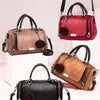 Three elegant women's crossbody shoulder bags in brown, red, and black leather with floral pendants.