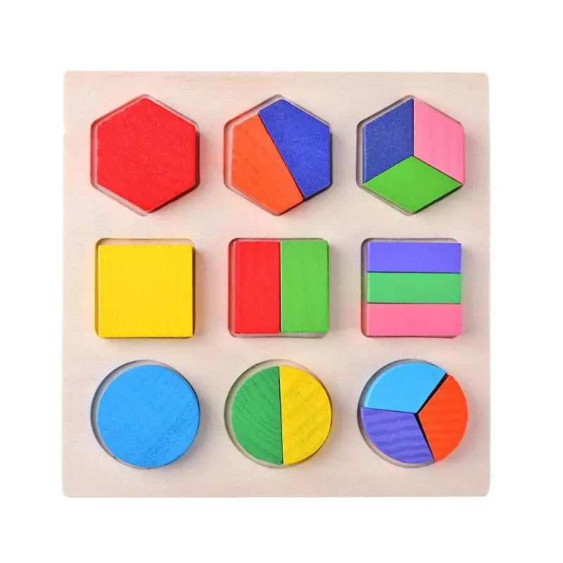 A wooden geometric shape sorting puzzle featuring various colored shapes including hexagons, triangles, squares, and circles.