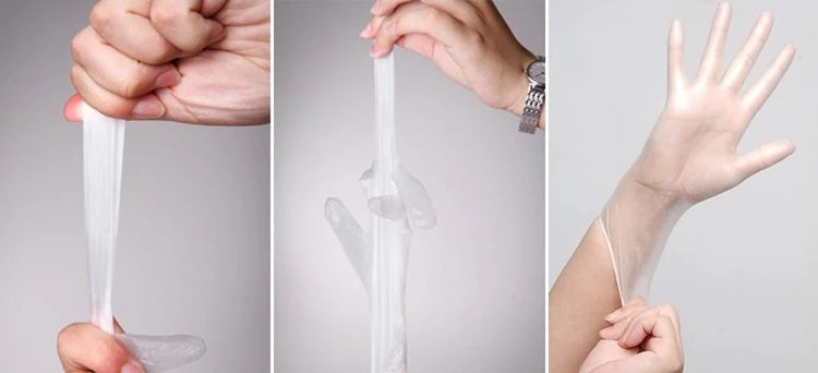 Three views of disposable clear PVC gloves showing hands wearing and handling the protective gloves.