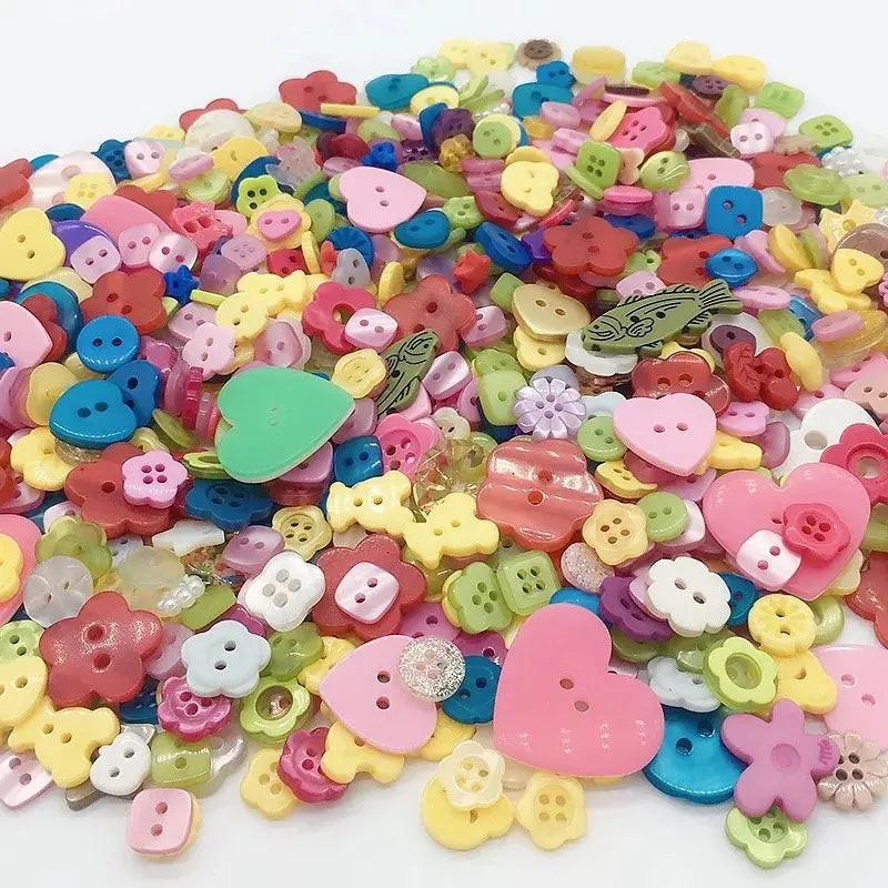A colorful assortment of small wooden buttons in various shapes and colors for sewing and crafts.