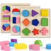 Wooden geometric shape sorting puzzle featuring various colored wooden blocks and shapes for toddlers