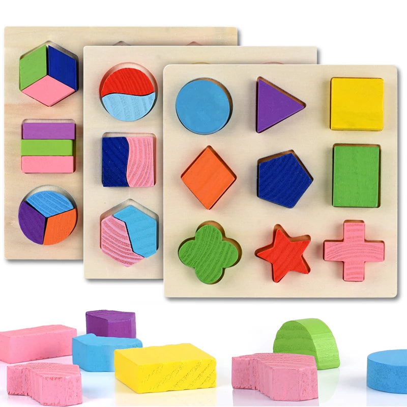 Wooden geometric shape sorting puzzle featuring various colored wooden blocks and shapes for toddlers