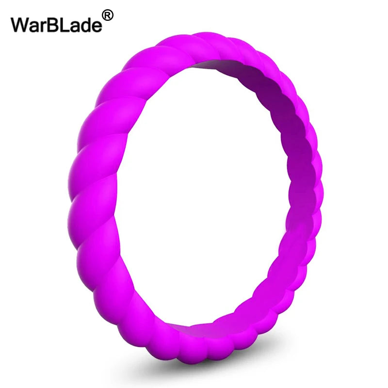A close-up view of a vibrant purple braided silicone ring.