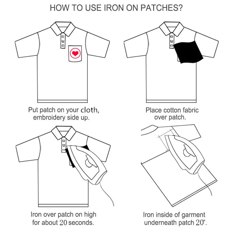 Instructions showing how to use an iron on embroidered patches for clothing