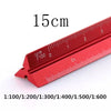 A red aluminium triangular scale ruler marked in centimeters, showing a 15cm length.