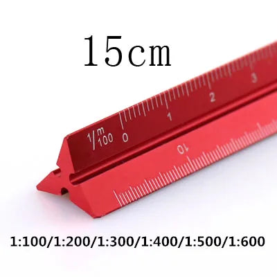 A red aluminium triangular scale ruler marked in centimeters, showing a 15cm length.