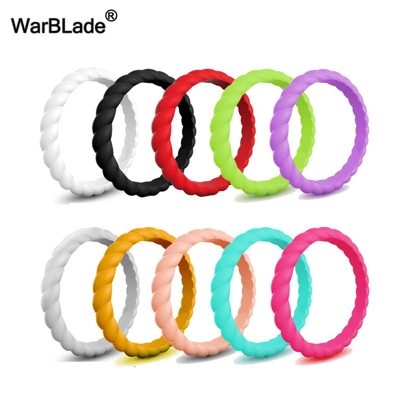 A collection of braided silicone rings in various colors including white, black, red, green, and purple.