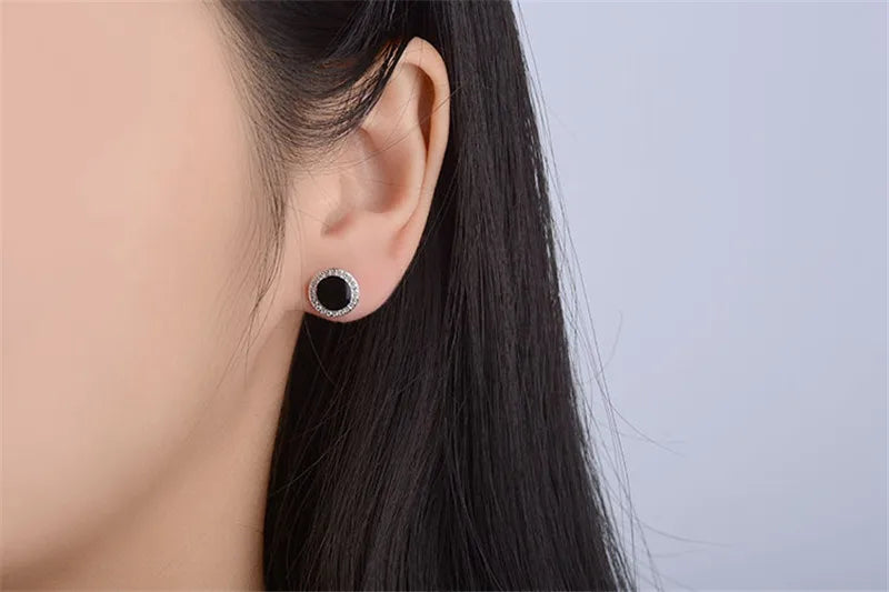 Sterling Silver Round Black Zircon Stud Earrings