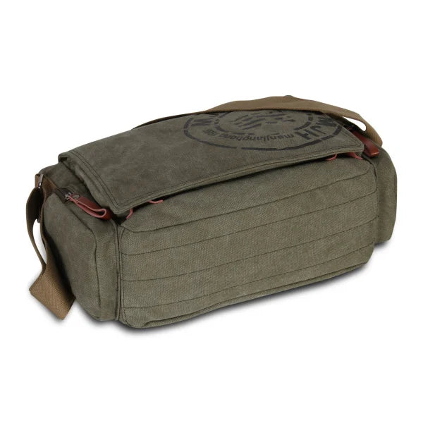 A vintage canvas messenger bag in olive green with leather trim and multiple pockets.