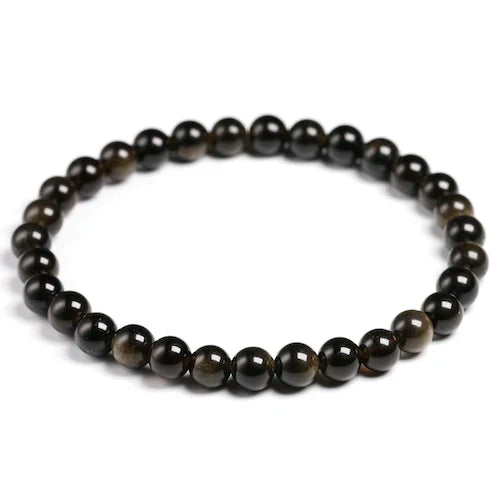 A stretch bracelet made of natural black gold obsidian gemstones.