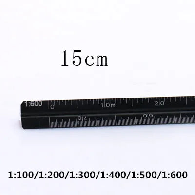 A black aluminum triangular scale ruler marked with various scales including 1:100 to 1:600.