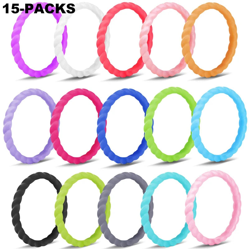 A collection of 15 packs of braided silicone rings in various colors including purple, white, red, blue, green, and orange.