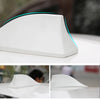 White universal car shark fin antenna cover with a blue accent line shown from the side and top view.