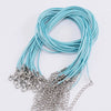 A coiled light blue leather cord necklace with silver clasps and chain.