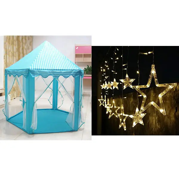 A bright blue foldable princess tipi play tent with a striped roof and clear sides.