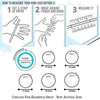 Instructions for measuring a ring size using a strip of paper, finger wrapping, and a ruler.