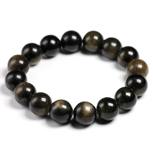 A stretch bracelet made of natural black gold obsidian gemstones.
