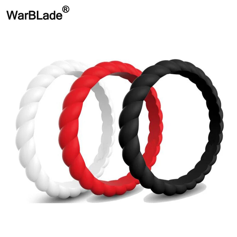 Three braided silicone rings in white, red, and black displayed against a white background.