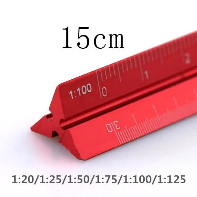 A close-up view of a red aluminium triangular scale ruler marked in centimeters and various ratios.