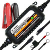 A black 12V automatic battery charger and maintainer with various cables and red battery components.
