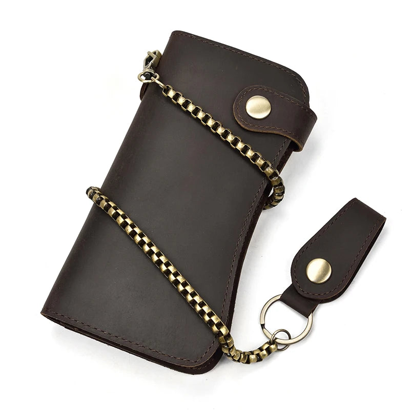 Vintage Leather Bifold Wallet with Metal Chain