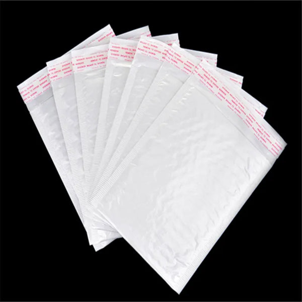 A multi-pack of white waterproof foam paper envelopes is shown in a fan-like arrangement.