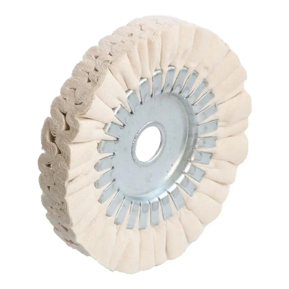 A circular sanding or polishing wheel made of cotton material with a pleated edge and a central metal hub.