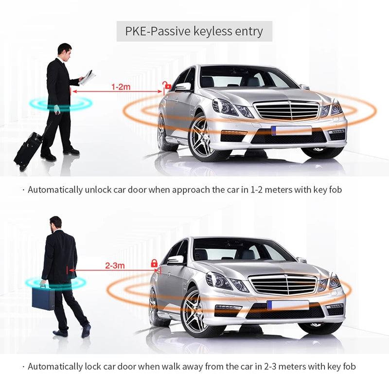 Diagram showing a car using PKE keyless entry, automatically unlocking within 1-2 meters and locking when the fob is 2-3 mete